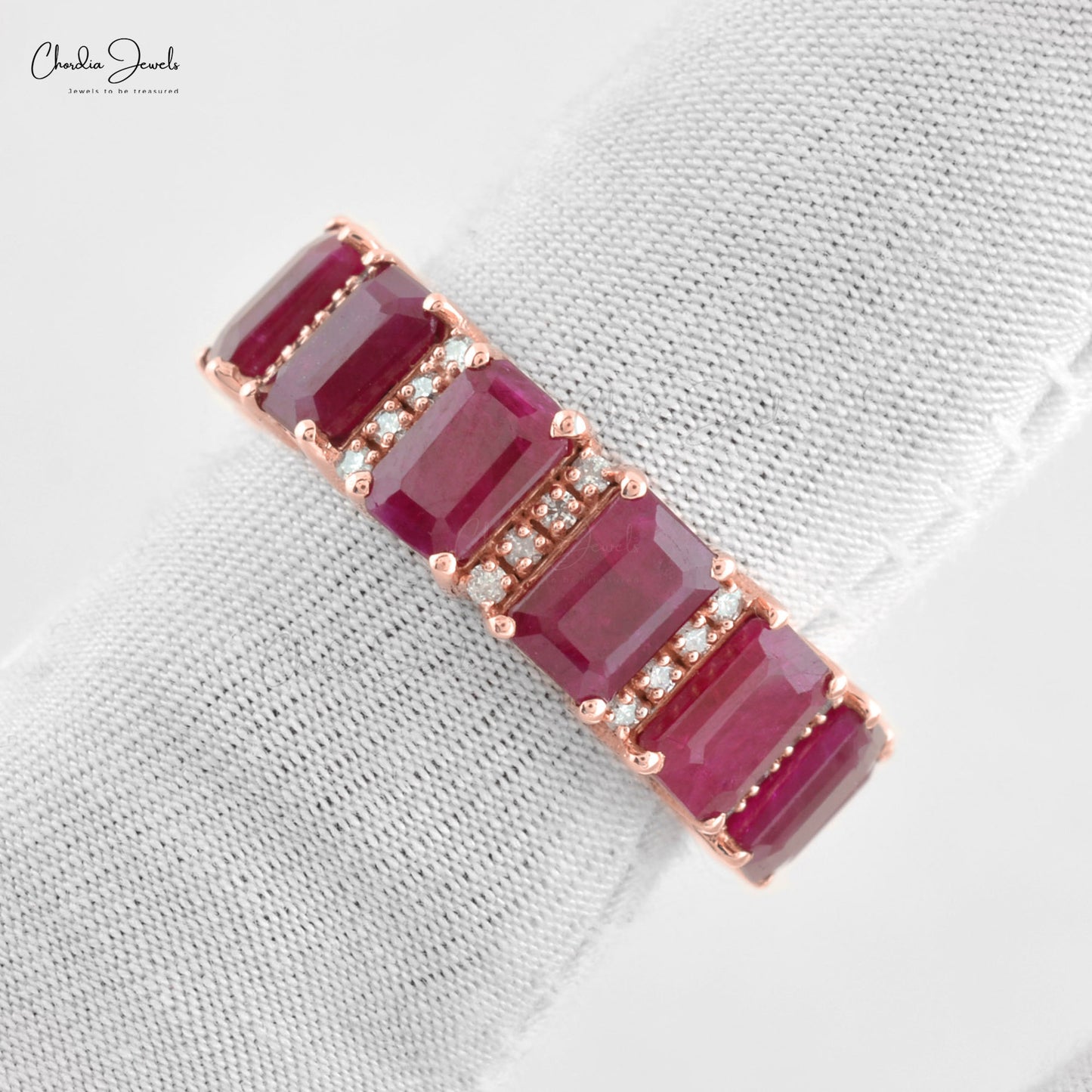 Real 14k Rose Gold Diamond with 10.4Ct Octagon Burma Ruby Eternity Band Ring