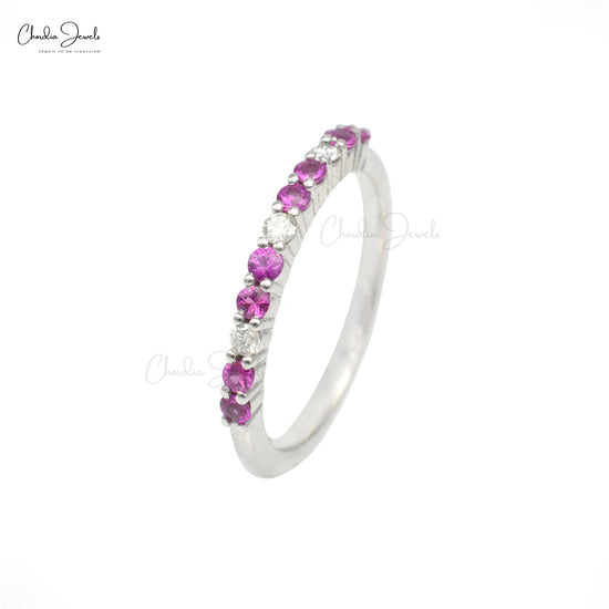 Dainty Half Eternity 2mm Pink Sapphire and Small Diamond Wedding Band Ring in 14k Solid Gold