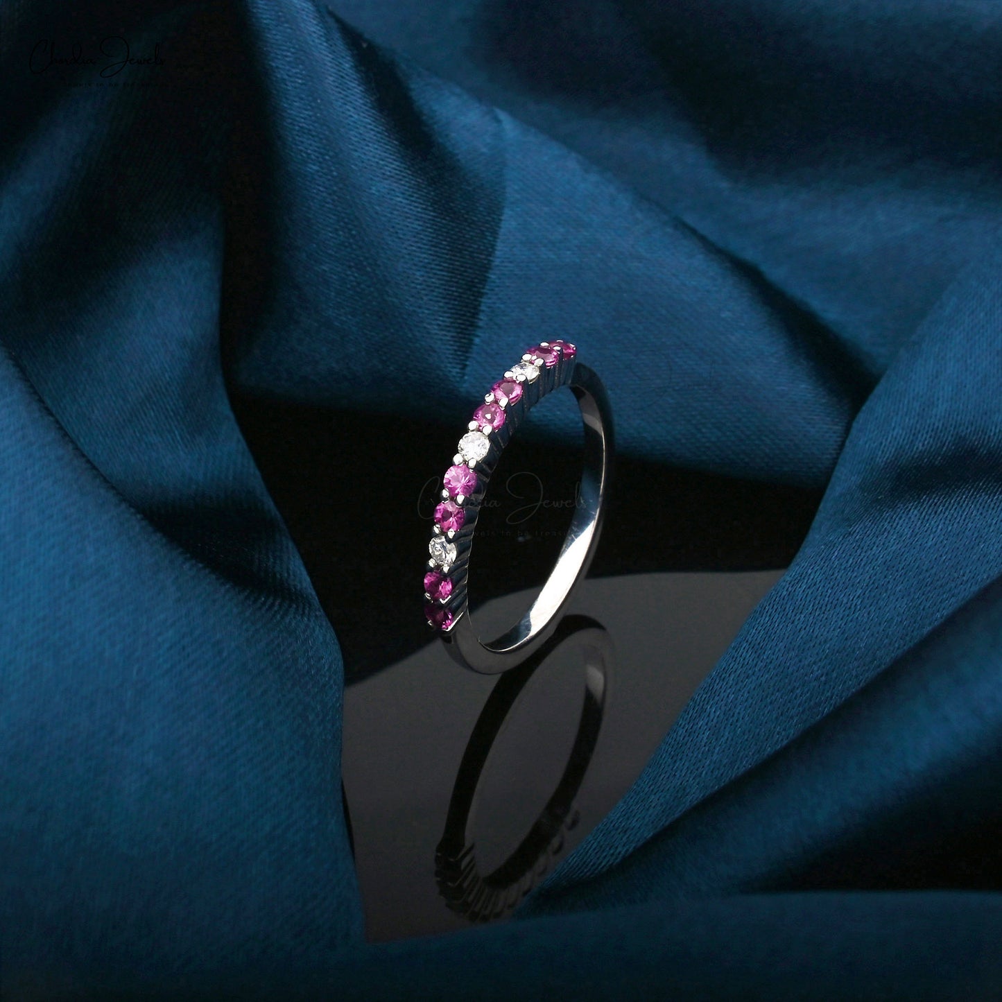 Dainty Half Eternity 2mm Pink Sapphire and Small Diamond Wedding Band Ring in 14k Solid Gold