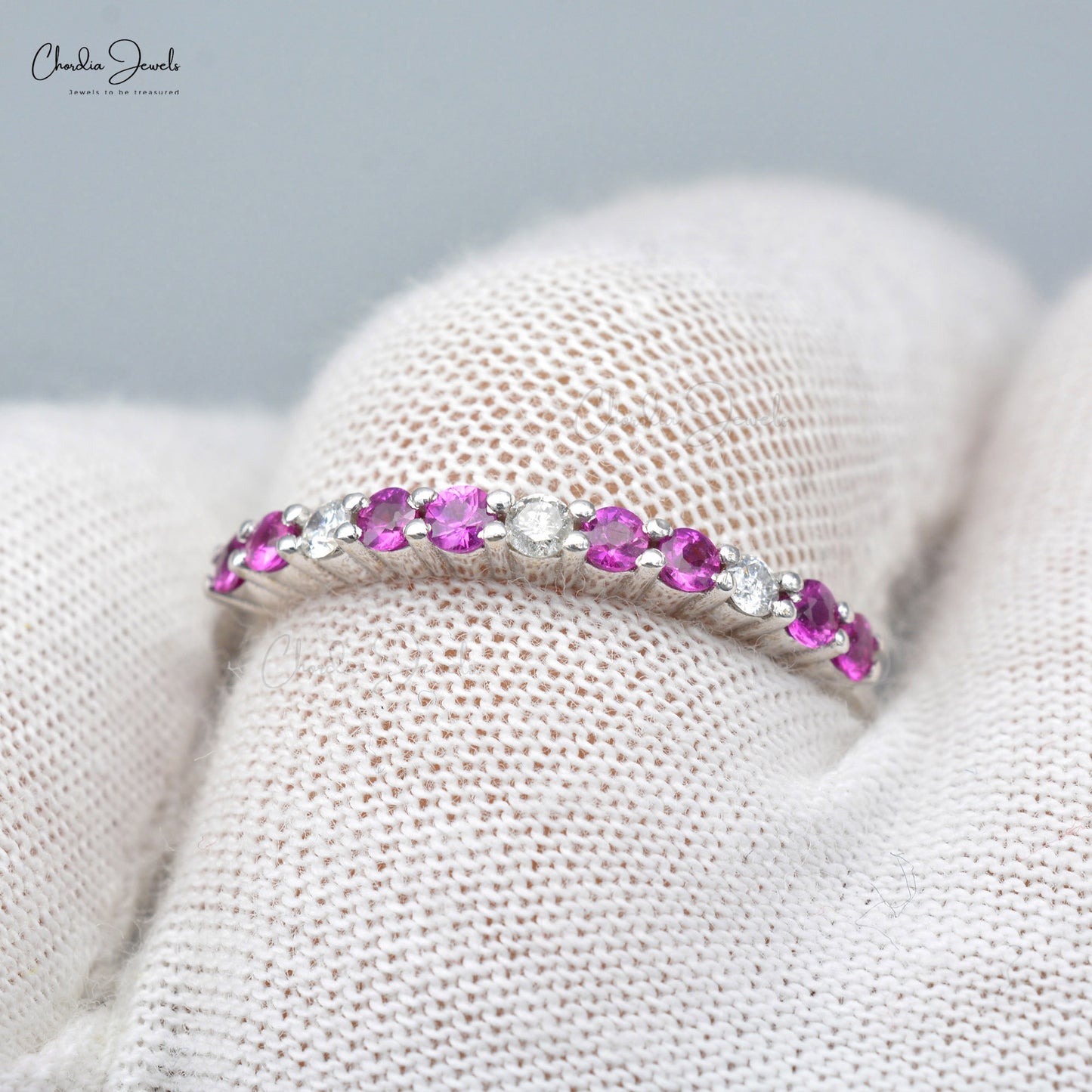 Dainty Half Eternity 2mm Pink Sapphire and Small Diamond Wedding Band Ring in 14k Solid Gold