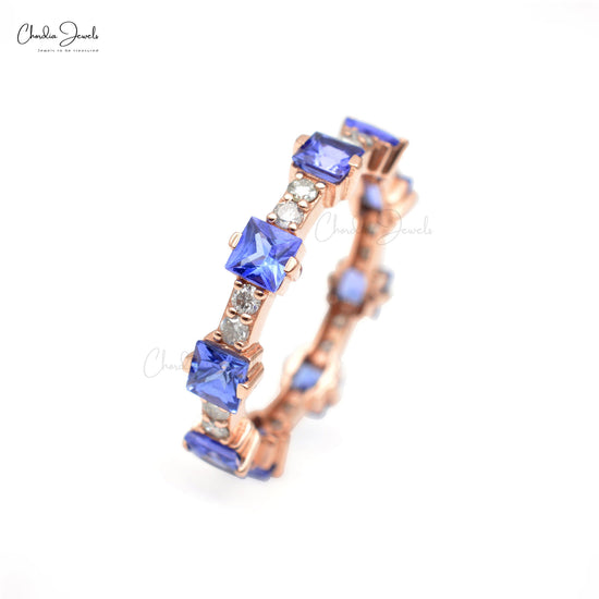 2.04Ct Square Tanzanite & Diamond Stackable Eternity Band Ring in Real 14k Yellow Gold