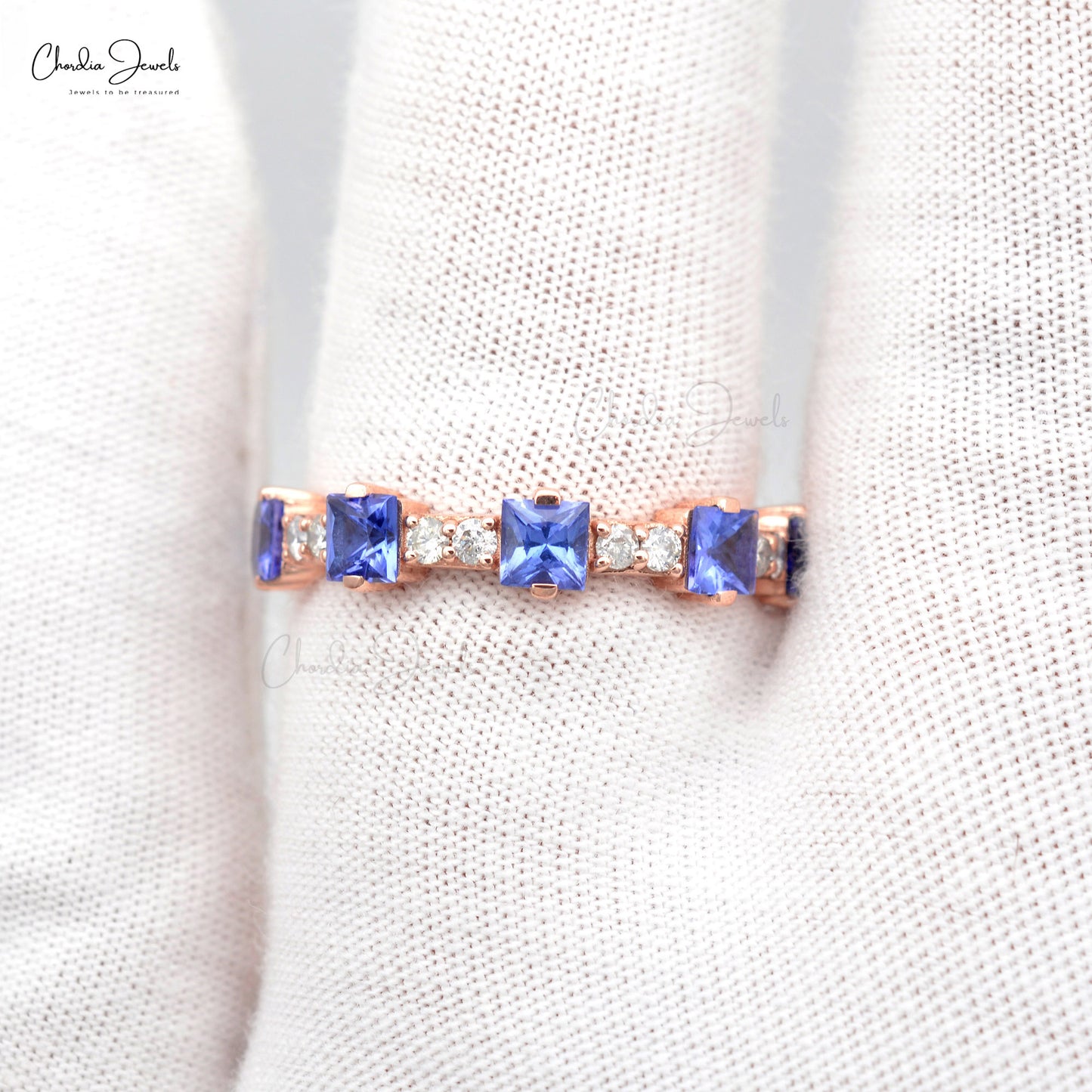 2.04Ct Square Tanzanite & Diamond Stackable Eternity Band Ring in Real 14k Yellow Gold