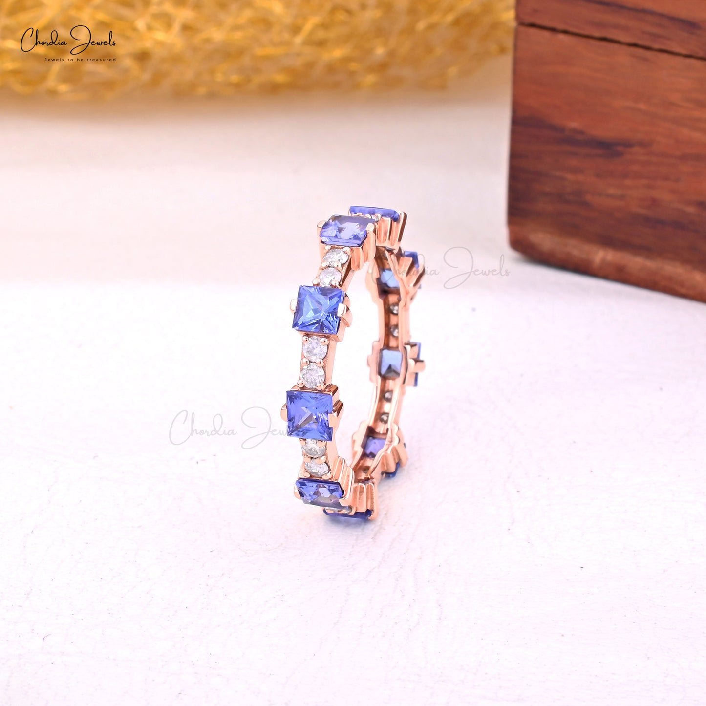 2.04Ct Square Tanzanite & Diamond Stackable Eternity Band Ring in Real 14k Yellow Gold