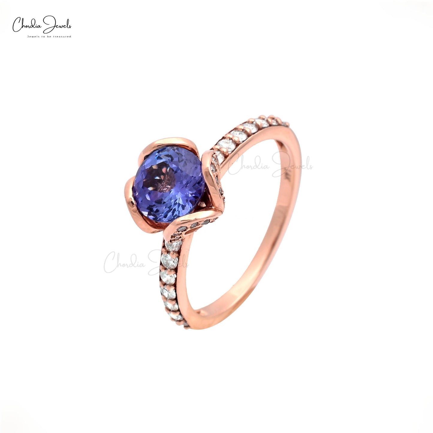 Floral Wedding Ring With 7mm Tanzanite And Pave Diamond In Real 14k Rose Gold