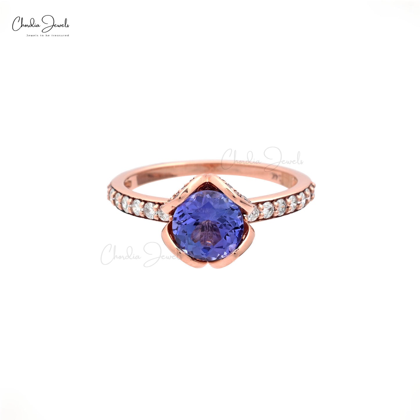 Floral Wedding Ring With 7mm Tanzanite And Pave Diamond In Real 14k Rose Gold