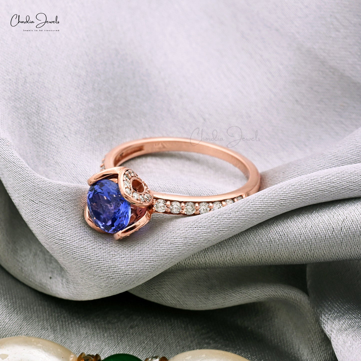 Floral Wedding Ring With 7mm Tanzanite And Pave Diamond In Real 14k Rose Gold