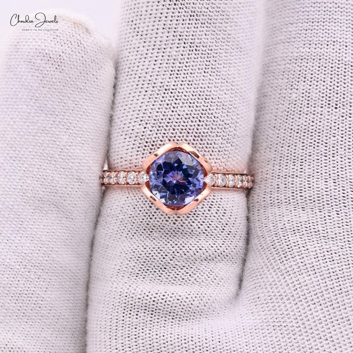 Floral Wedding Ring With 7mm Tanzanite And Pave Diamond In Real 14k Rose Gold