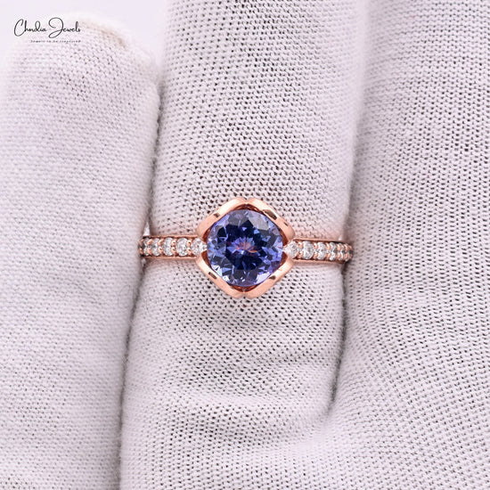 Floral Wedding Ring With 7mm Tanzanite And Pave Diamond In Real 14k Rose Gold