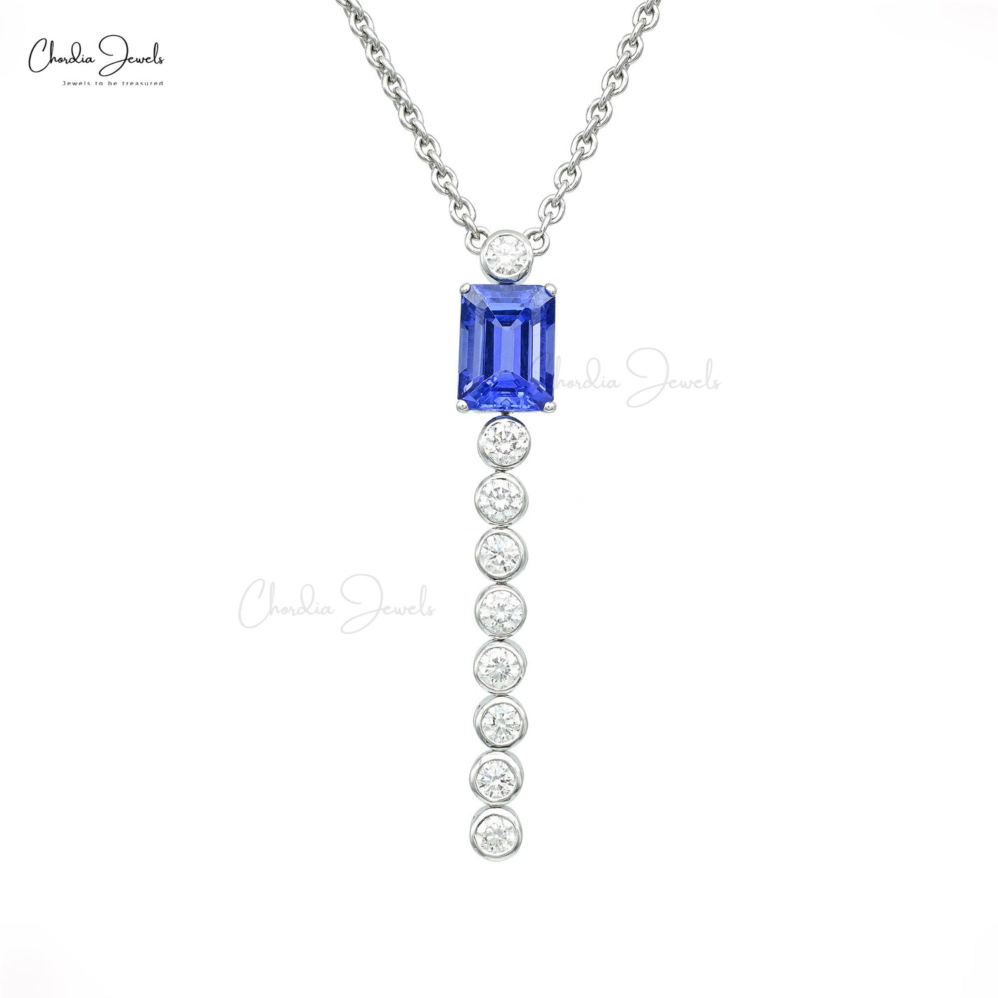 Bezel Set Diamond & 2.4Ct Tanzanite Lariat Dangle Necklace In Solid 14k White Gold