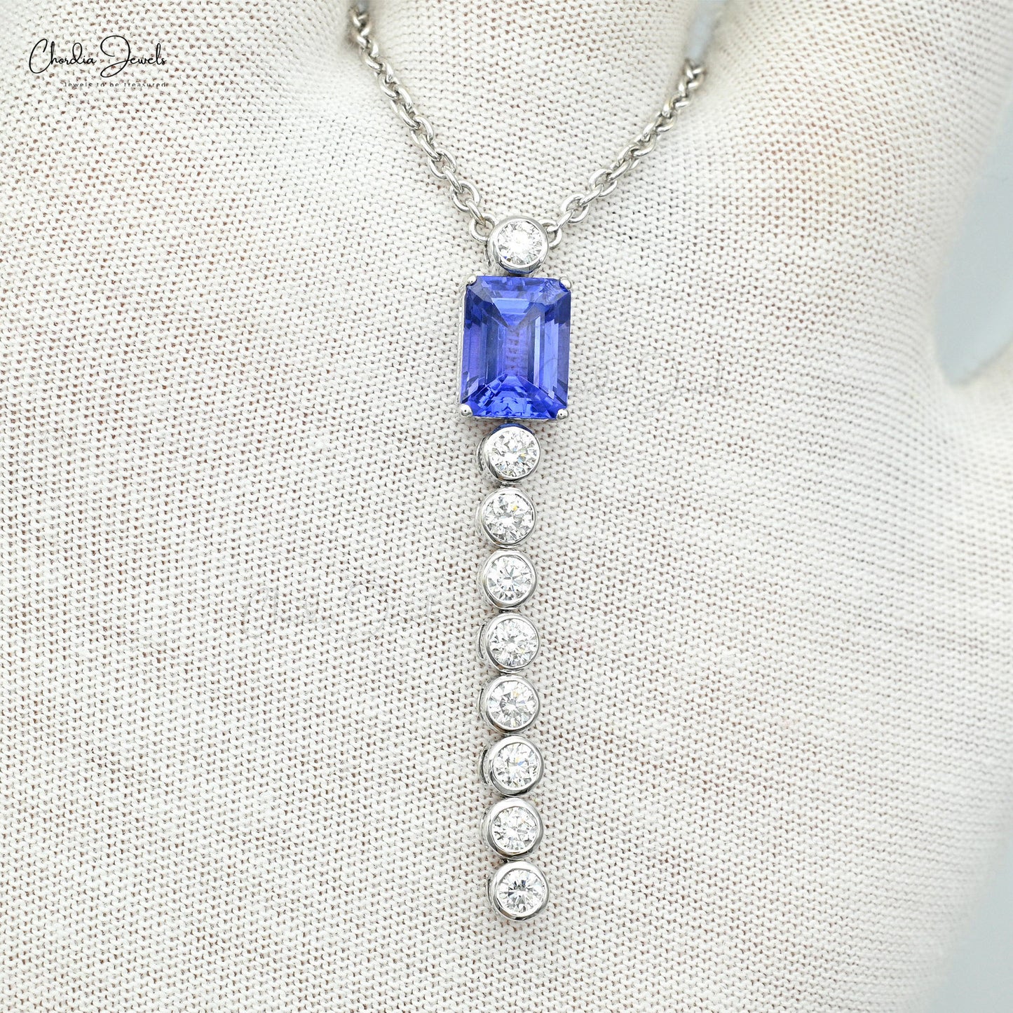 Bezel Set Diamond & 2.4Ct Tanzanite Lariat Dangle Necklace In Solid 14k White Gold