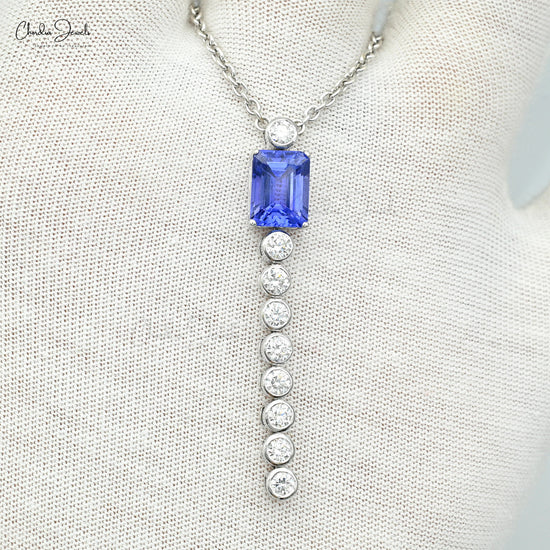 Bezel Set Diamond & 2.4Ct Tanzanite Lariat Dangle Necklace In Solid 14k White Gold