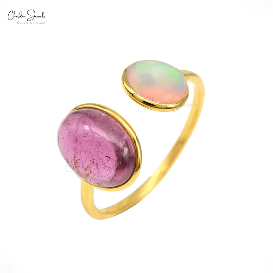 2.35Ct Pink Tourmaline & Round Opal Two Stone Split Shank Ring In 14kYellow Gold