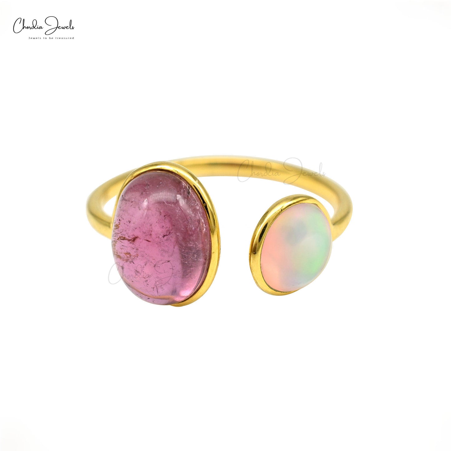 2.35Ct Pink Tourmaline & Round Opal Two Stone Split Shank Ring In 14kYellow Gold