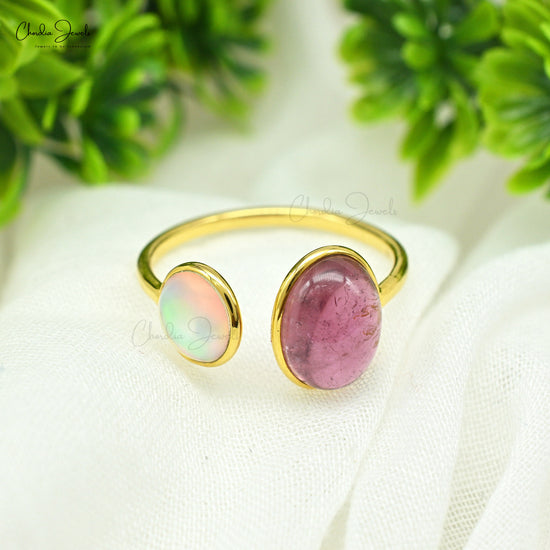 2.35Ct Pink Tourmaline & Round Opal Two Stone Split Shank Ring In 14kYellow Gold