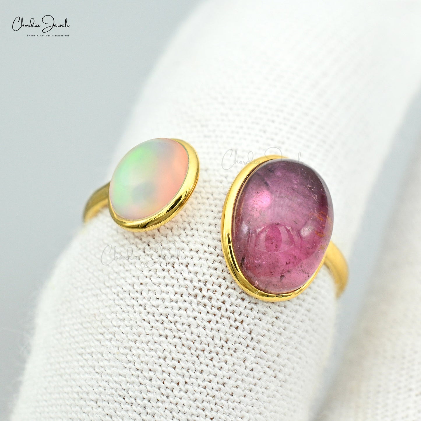 2.35Ct Pink Tourmaline & Round Opal Two Stone Split Shank Ring In 14kYellow Gold