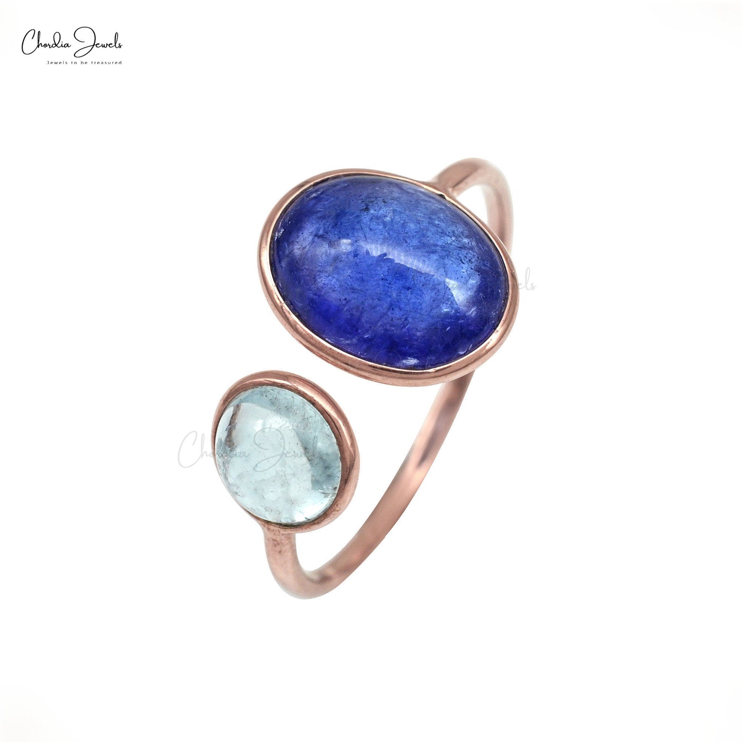 Open Cuff 2 Stone Tanzanite & 6mm Aquamarine Split Shank Ring in 14k Rose Gold