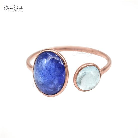 Open Cuff 2 Stone Tanzanite & 6mm Aquamarine Split Shank Ring in 14k Rose Gold