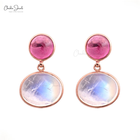 Real 14k Rose Gold Two Stone 1.87Ct Pink Tourmaline & Moonstone With Diamond Dangle Earrings