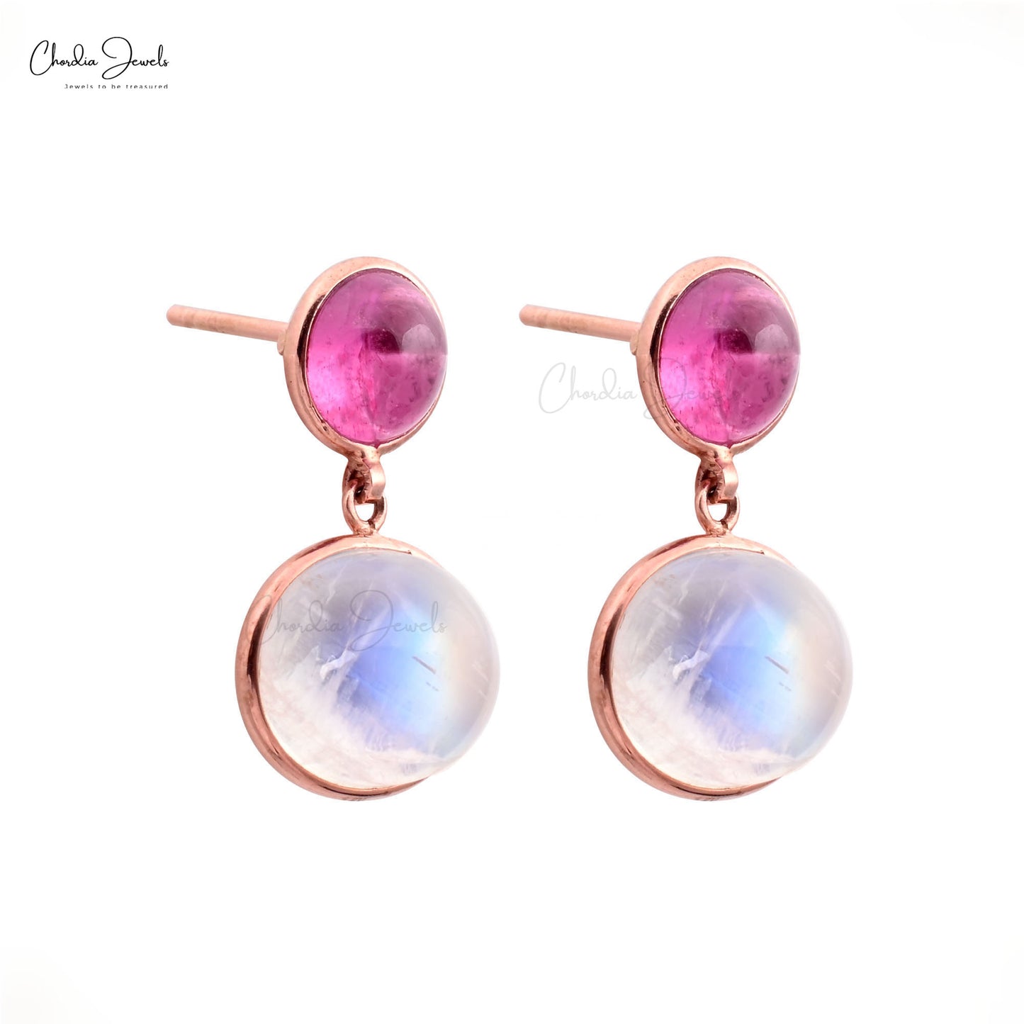 Real 14k Rose Gold Two Stone 1.87Ct Pink Tourmaline & Moonstone With Diamond Dangle Earrings