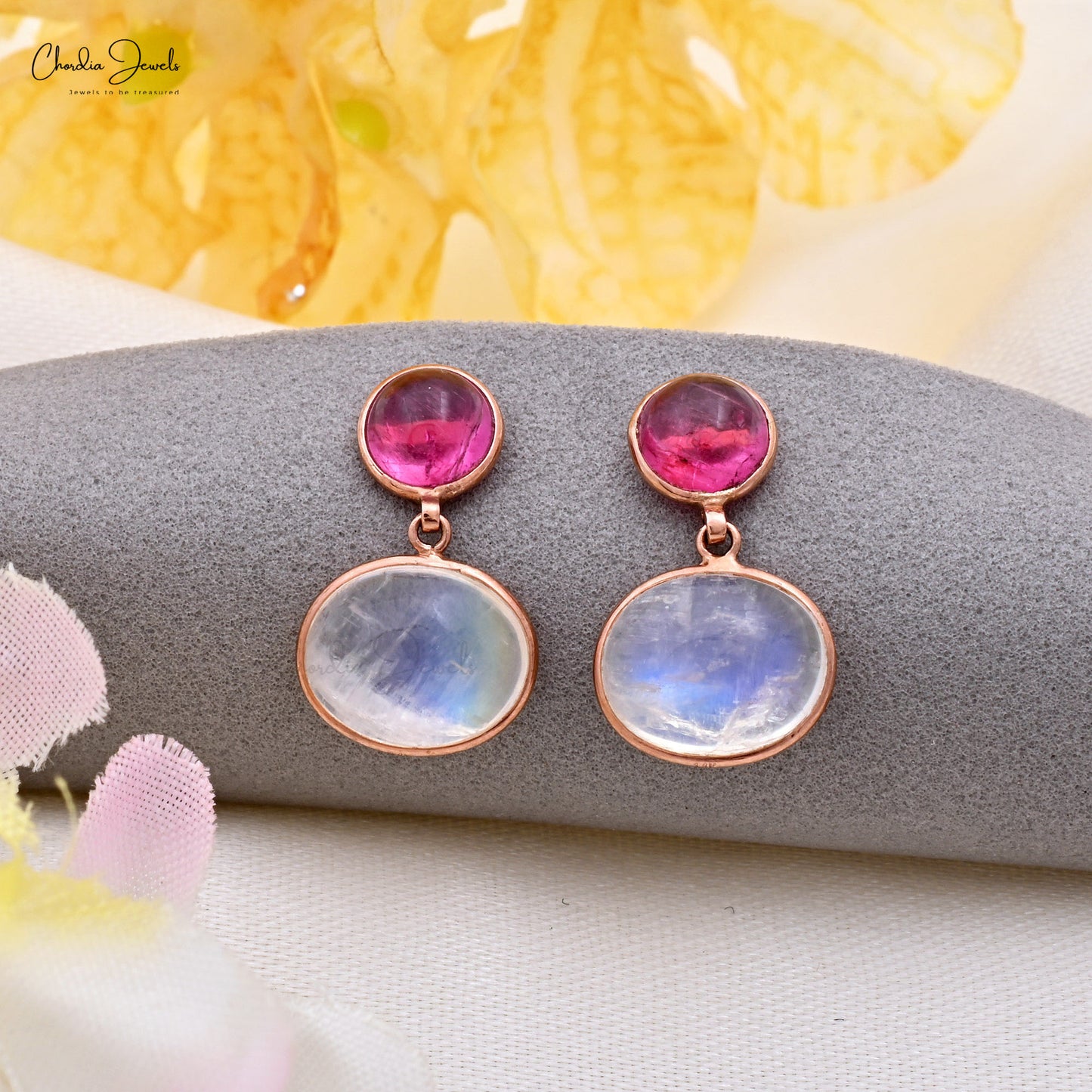 Real 14k Rose Gold Two Stone 1.87Ct Pink Tourmaline & Moonstone With Diamond Dangle Earrings