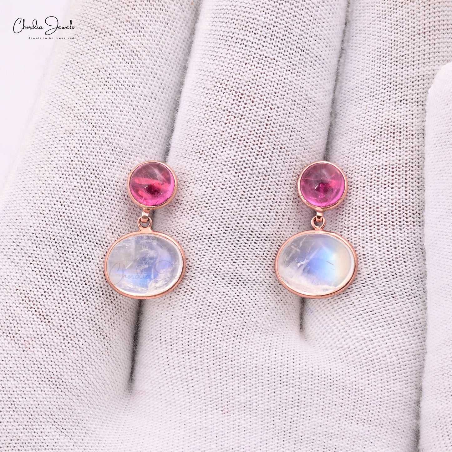 Real 14k Rose Gold Two Stone 1.87Ct Pink Tourmaline & Moonstone With Diamond Dangle Earrings