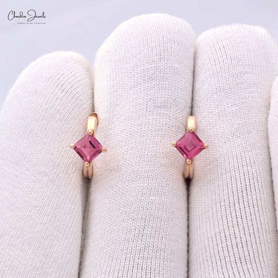 4mm Square Pink Tourmaline Solitaire Huggies Hoop In 14k Rose Gold Earrings