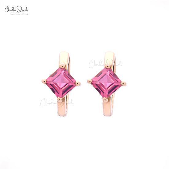 4mm Square Pink Tourmaline Solitaire Huggies Hoop In 14k Rose Gold Earrings