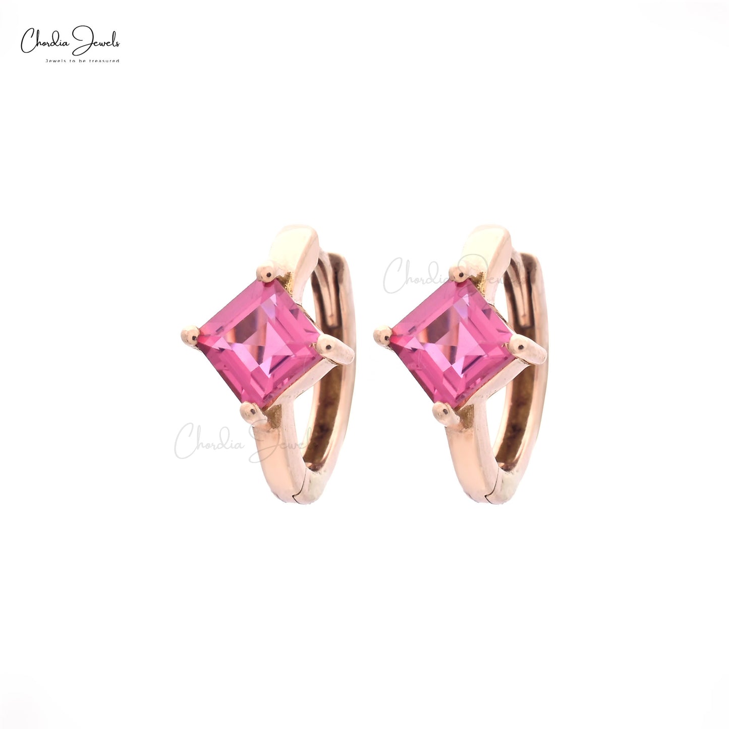 4mm Square Pink Tourmaline Solitaire Huggies Hoop In 14k Rose Gold Earrings