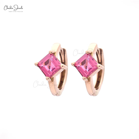 4mm Square Pink Tourmaline Solitaire Huggies Hoop In 14k Rose Gold Earrings