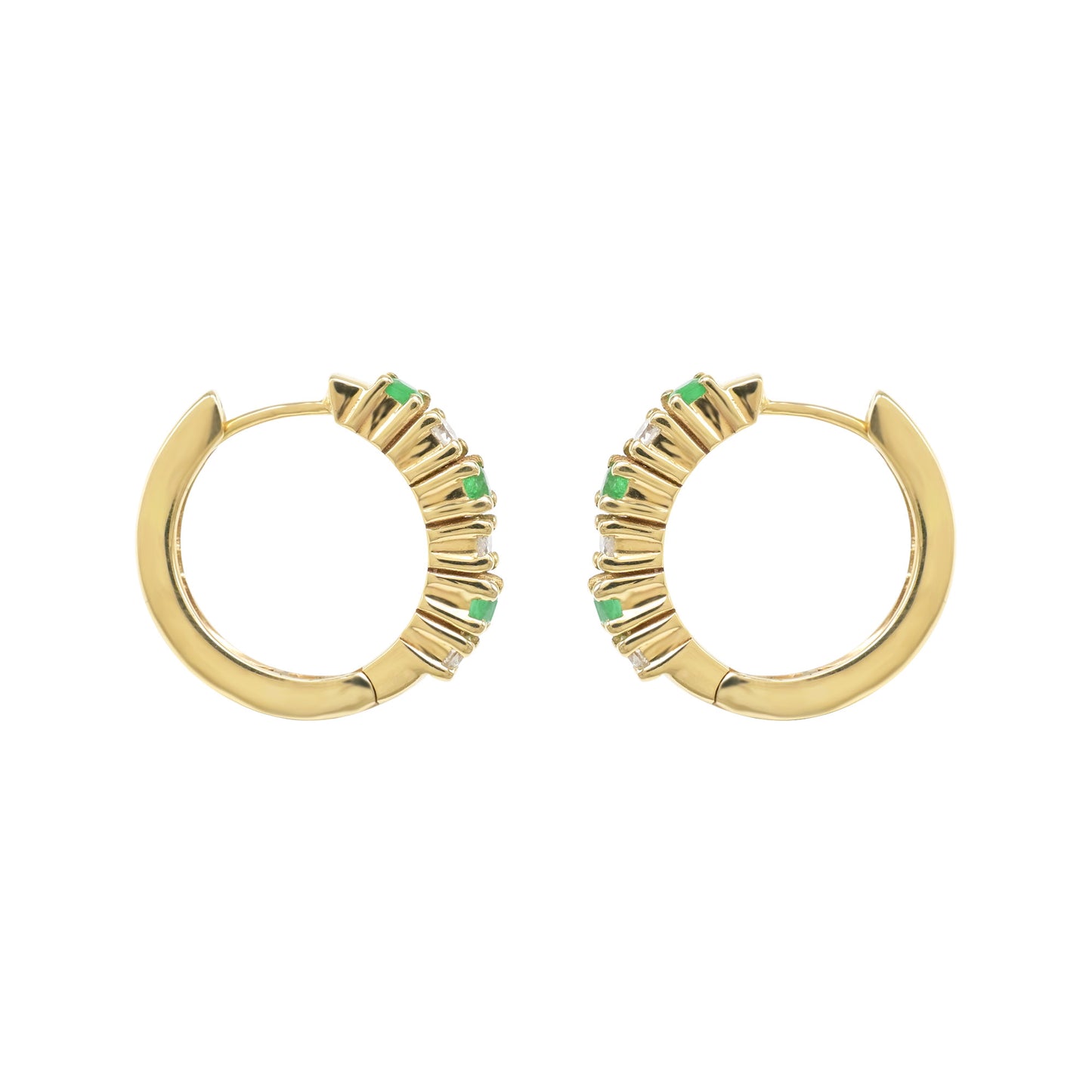 Round Huggies Hoop With 2mm Emerald And Diamond Latch Back Earrings In 14k Yellow Gold