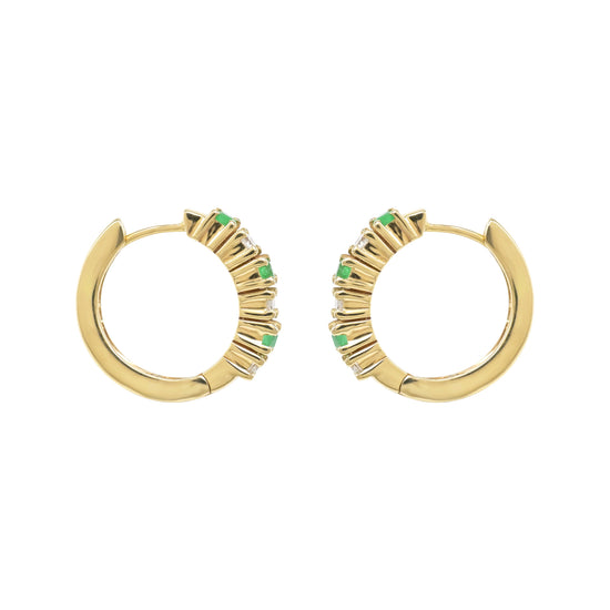 Round Huggies Hoop With 2mm Emerald And Diamond Latch Back Earrings In 14k Yellow Gold