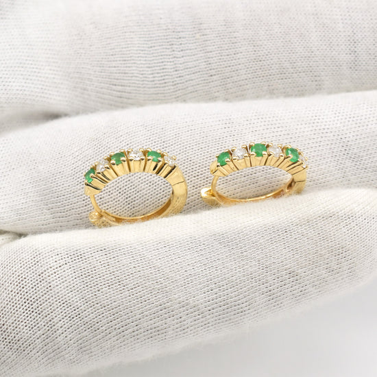 Round Huggies Hoop With 2mm Emerald And Diamond Latch Back Earrings In 14k Yellow Gold