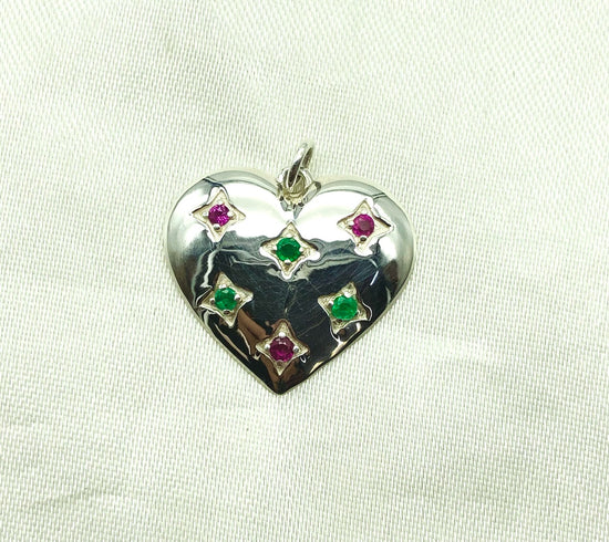 Heart Shape 925 Solid Silver Pendant With Emerald And Ruby Pave Set Love Necklace