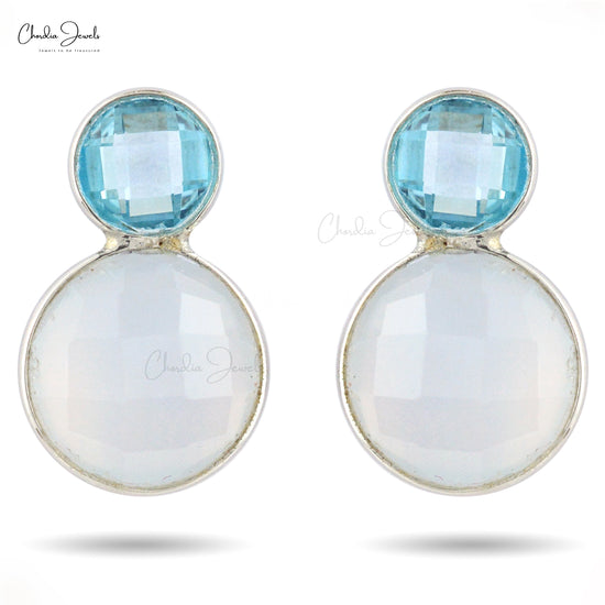 Round Checker Cut Swiss Blue Topaz 925 Sterling Silver Two Stone Earrings