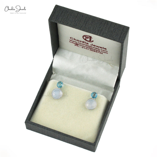 Round Checker Cut Swiss Blue Topaz 925 Sterling Silver Two Stone Earrings