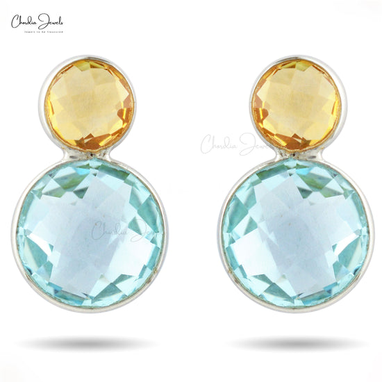 Two Stone Stud Earrings In 925 Sterling Silver Swiss Blue Topaz And Citrine Studs