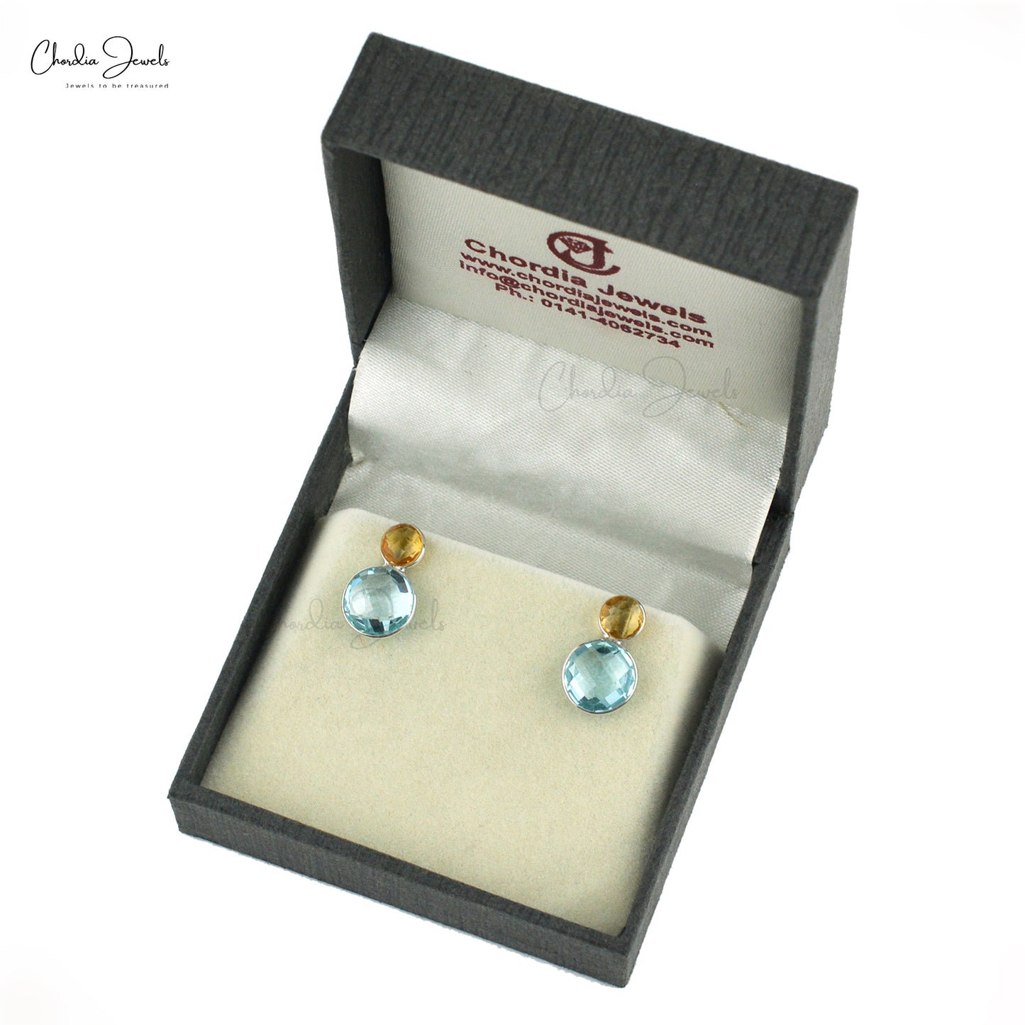 Two Stone Stud Earrings In 925 Sterling Silver Swiss Blue Topaz And Citrine Studs