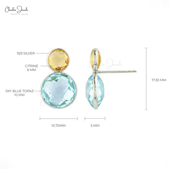 Two Stone Stud Earrings In 925 Sterling Silver Swiss Blue Topaz And Citrine Studs