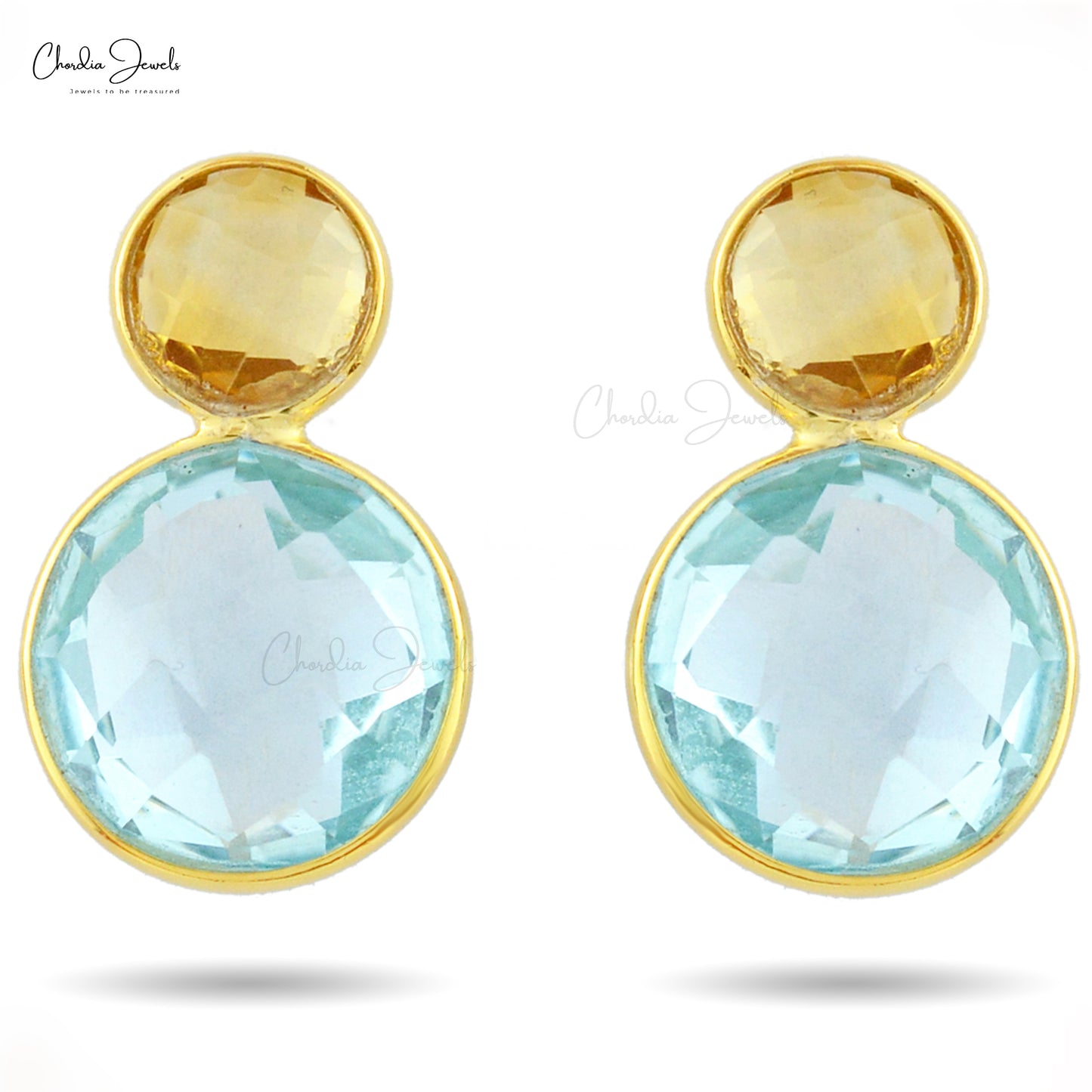 Two Stone Stud Earrings In 925 Sterling Silver Swiss Blue Topaz And Citrine Studs