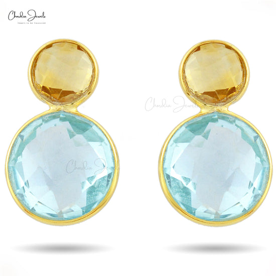 Two Stone Stud Earrings In 925 Sterling Silver Swiss Blue Topaz And Citrine Studs