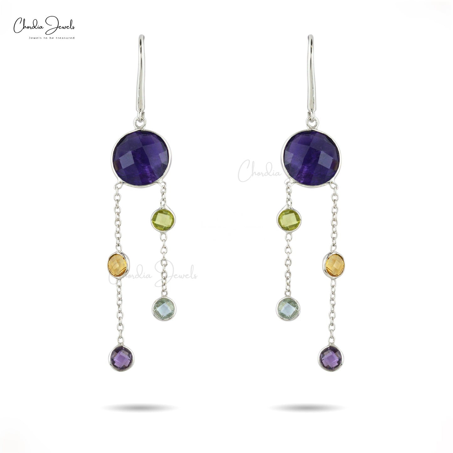 925 Sterling Silver Multi Gemstone Ear wire 5 Stone Dangling Chain Earrings For Her