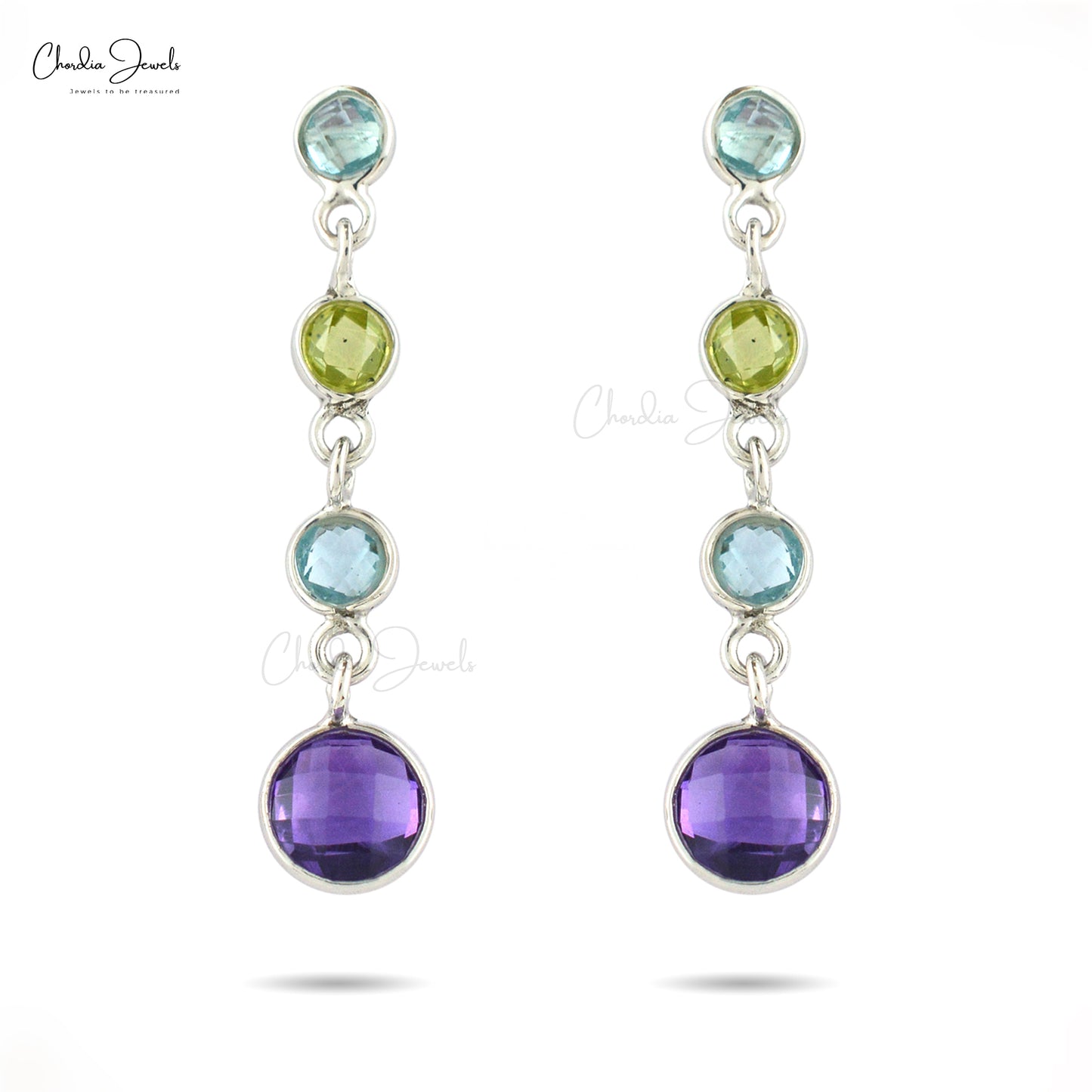 Multi Stone Dangling 925 Sterling Silver Earring With 3.18 Ct Gemstone Push Back Earrings