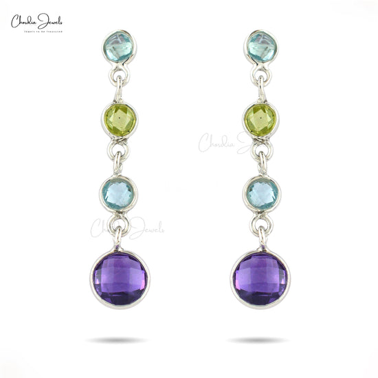 Multi Stone Dangling 925 Sterling Silver Earring With 3.18 Ct Gemstone Push Back Earrings