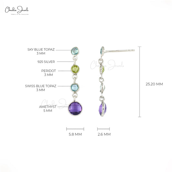 Multi Stone Dangling 925 Sterling Silver Earring With 3.18 Ct Gemstone Push Back Earrings