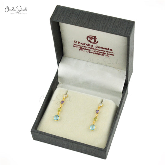 Dangle Multi Gemstone Earring In 925 Sterling Silver Round Cut Both Side Faceted Earrings