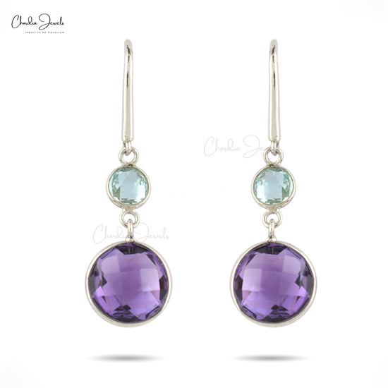 925 Sterling Silver 2 Stone Earrings With Amethyst & Sky Blue Topaz Dangle Hook Earring