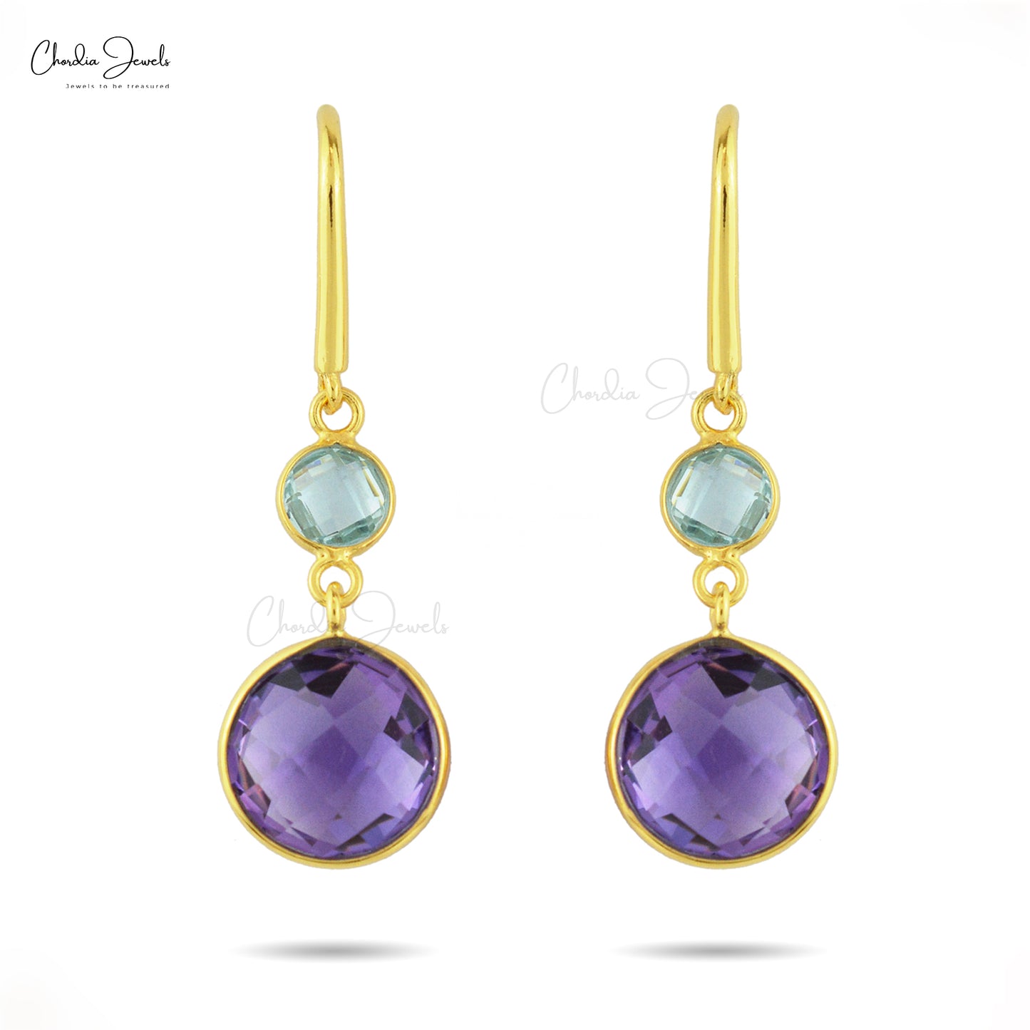 925 Sterling Silver 2 Stone Earrings With Amethyst & Sky Blue Topaz Dangle Hook Earring