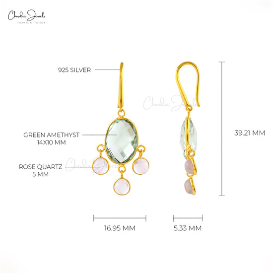 Oval Green Amethyst And Rose Quartz Gemstone Dangle Earrings In 925 Sterling Silver