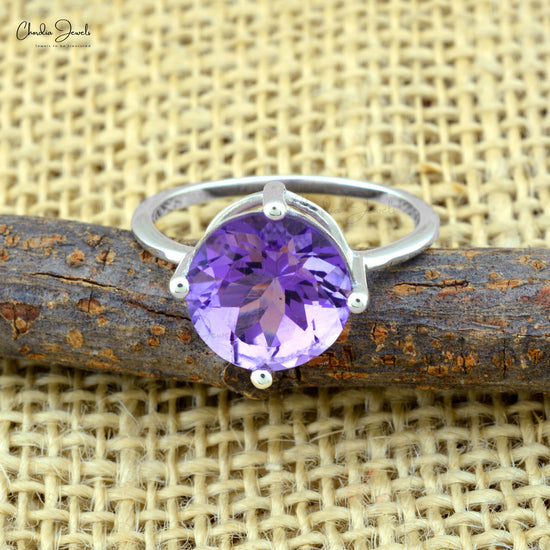 925 Sterling Silver Round Amethyst February Birthstone Solitaire Handmade Rings