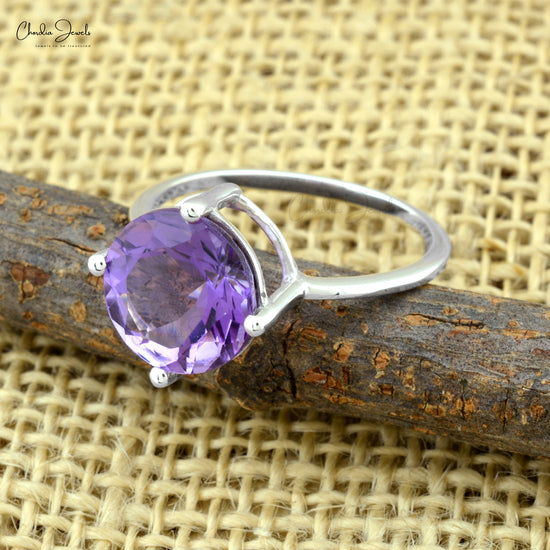 925 Sterling Silver Round Amethyst February Birthstone Solitaire Handmade Rings